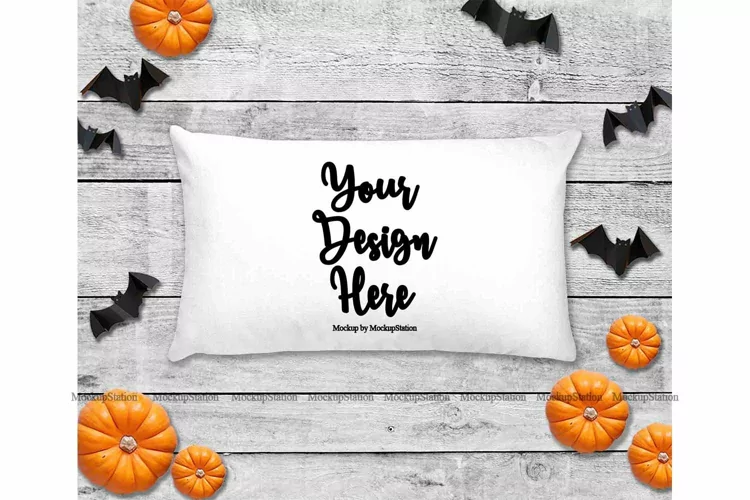 Halloween White Throw Pillow Mockup, Rectangle Fall Cushion
