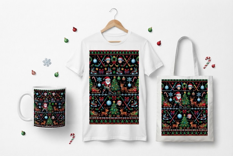 Christmas Hockey Ugly Sweater Pattern Design