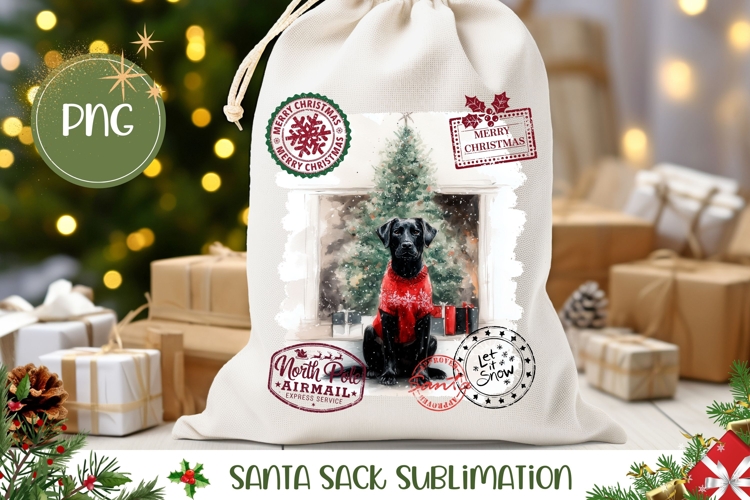 Watercolor Christmas Dog Santa Sack Sublimation