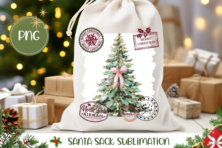 Watercolor Christmas Tree Santa Sack Sublimation