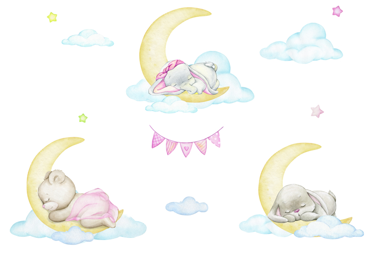 Watercolor Cute Pink Sleepy Animals Clipart, Baby Animal