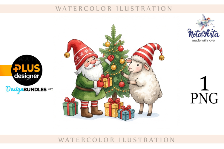 Christmas Gnome Santa with a Sheep in Watercolor Style