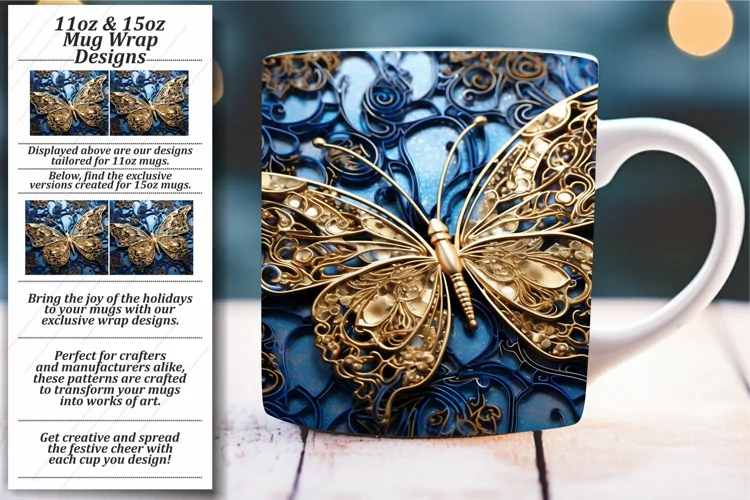 Whimsical Sparkle: Glossy 3D Butterfly Mug Wrap 11oz 15oz