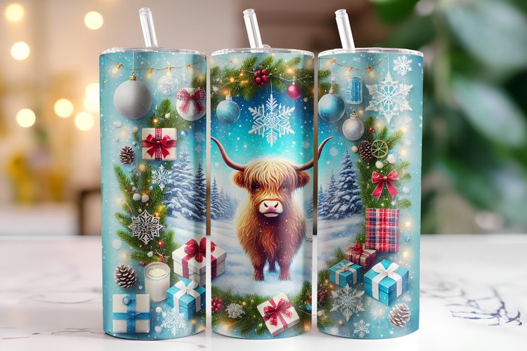 Christmas Highland Cow Tumbler Wrap | Sublimation | Tumblers example image 1