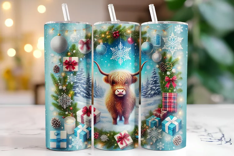 Christmas Highland Cow Tumbler Wrap | Sublimation | Tumblers