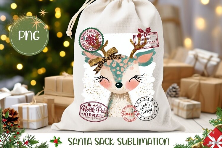 Boho Christmas Deer Santa Sack, Winter Gift Bag Sublimation example image 1
