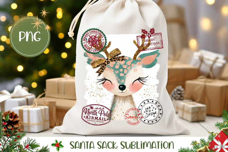 Boho Christmas Deer Santa Sack, Winter Gift Bag Sublimation