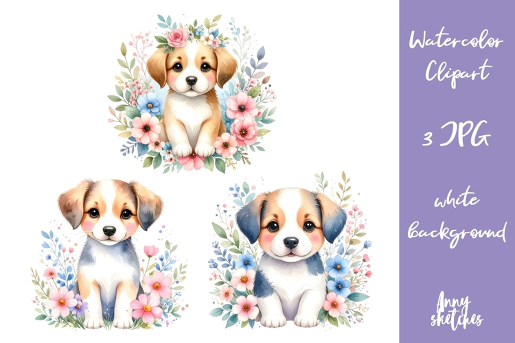 3 Floral Puppies Clipart Watercolor Dog Illustrations JPG