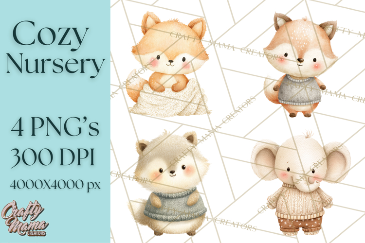 Knitted Nursery Animal Clipart PNG, Cozy Watercolor Baby Fox