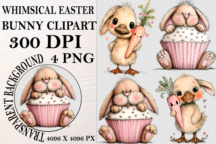 Whimsical Bunny Easter Clipart, Watercolor Easter Bunny PNG