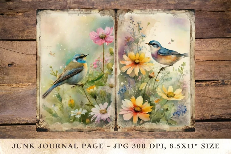 Printable Junk Journal Pages wildflower bird 2