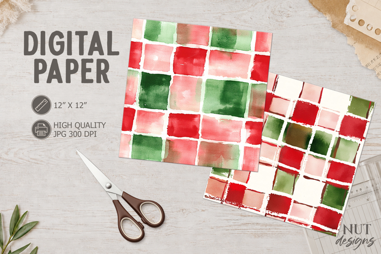 Christmas Watercolor Digital Paper Plaid green red paper