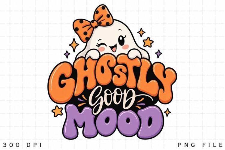Ghostly Good Mood PNG, Cute Halloween Ghost Bow Sublimation example image 1