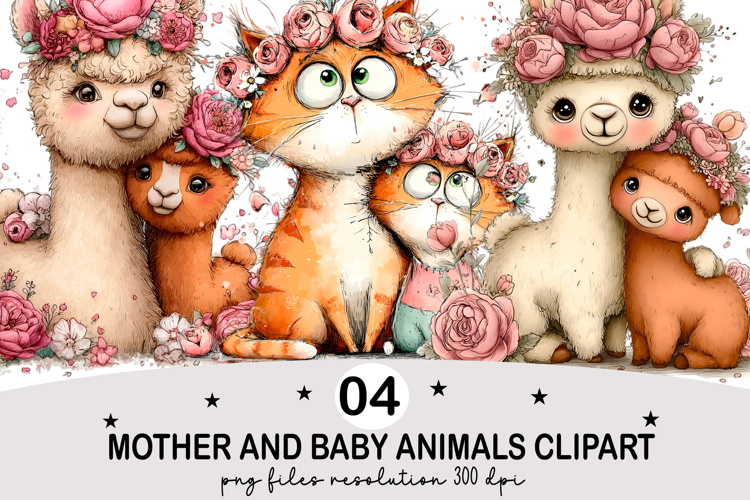 Mother and Baby Animals Clipart Watercolor png