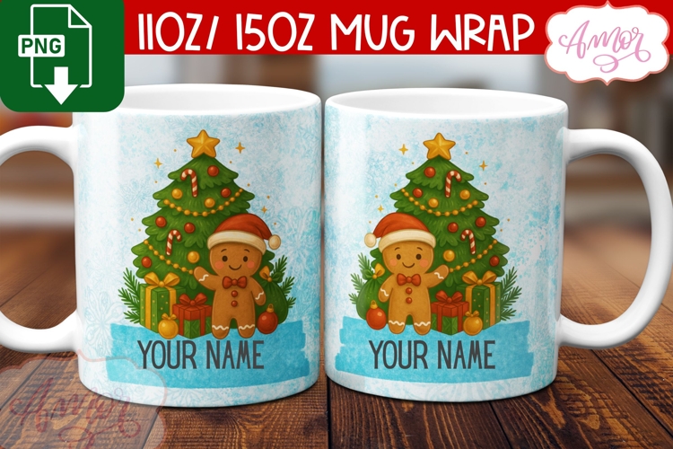Custom Christmas mug wrap PNG, Gingerbread man mug PNG
