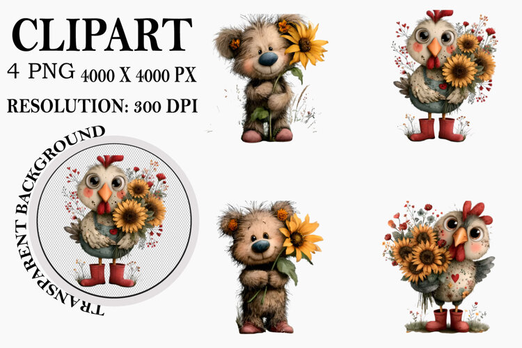 Whimsical Sunflower Animals Clipart Watercolor PNG example image 1