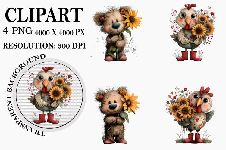 Whimsical Sunflower Animals Clipart Watercolor PNG