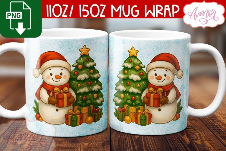 Custom Christmas mug wrap PNG, Cute Snowman png template