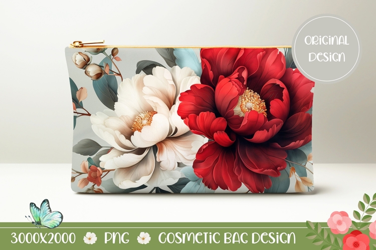 Red Flowers Cosmetic Bag, Floral Cosmetic Bag Design