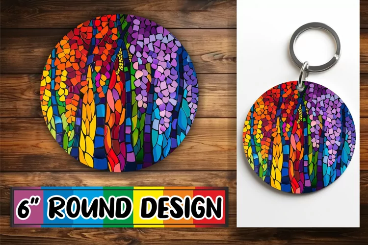 Stained Glass Tree Keychain Colorful Round Design Art