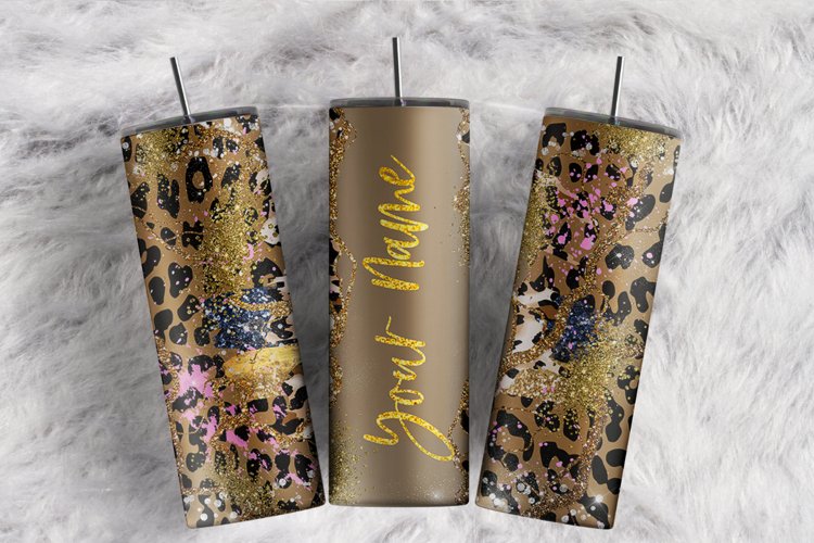 Custom Name Gold Glitter Cheetah Brush 20 oz tumbler wrap