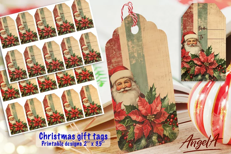 Christmas gift tag printable, Santa Claus, holly floral tags