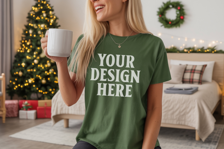 Comfort Colors 1717 Light Green Christmas T-Shirt Mockup, Bo