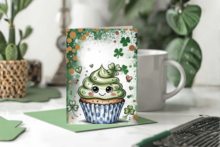 Cute Shamrock Cupcake Greeting Card PNG Sublimation Design!