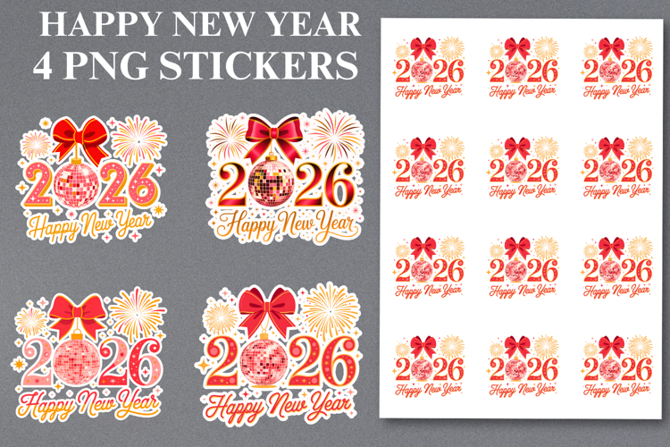 4 HAppy New Year 2026 Stickers Png | Printable