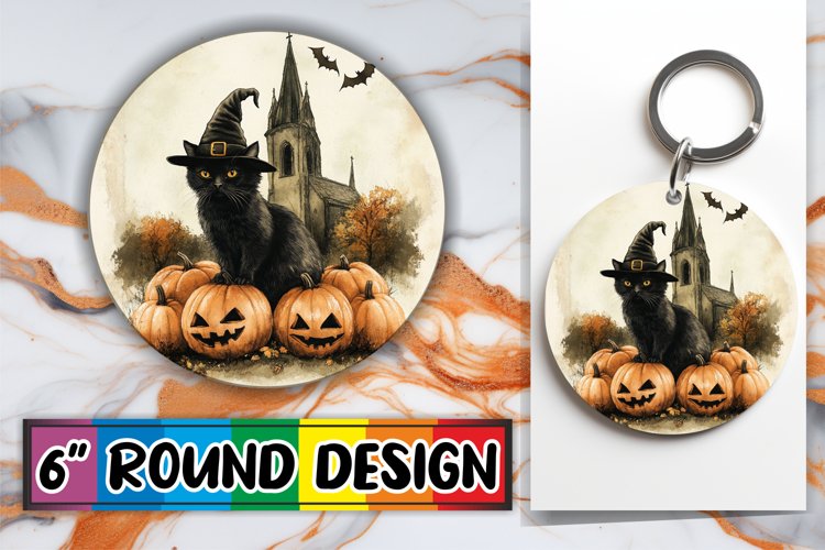 Spooky Black Cat Round Design for Fall Sublimation