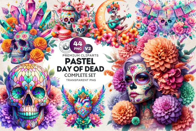 Pastel Floral Day of the Dead Clipart PNG Set v2,sugar skull