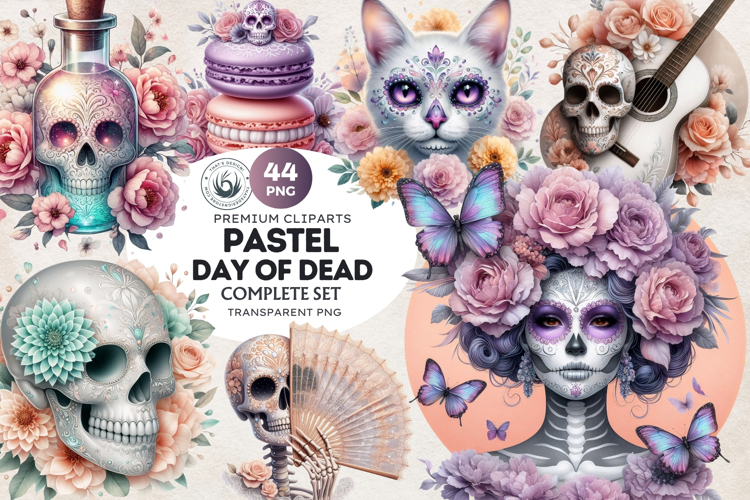 Pastel Floral Day of the Dead Clipart PNG Set, sugar skull