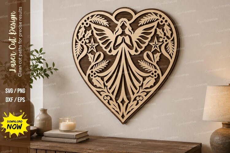 Heart Angel Laser Cut SVG File, heart angel svg, christmas example image 1