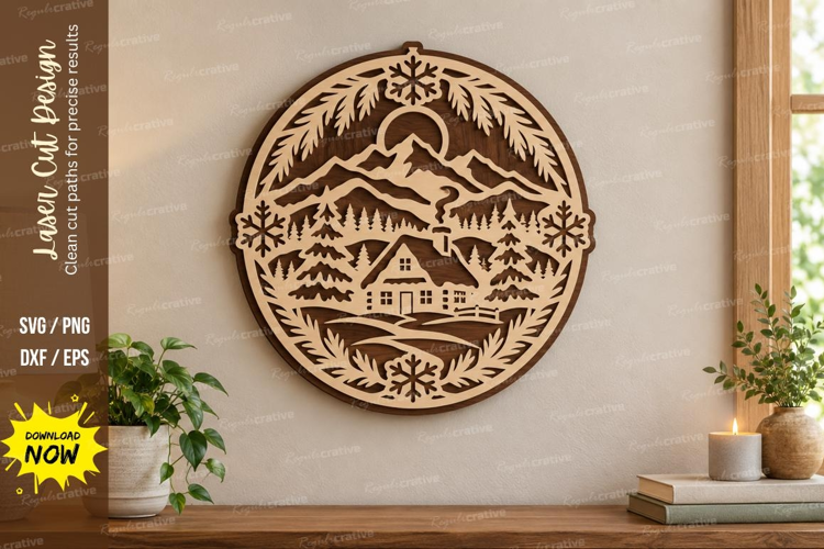 Round Cabin Scene Laser Cut SVG File, round cabin scene
