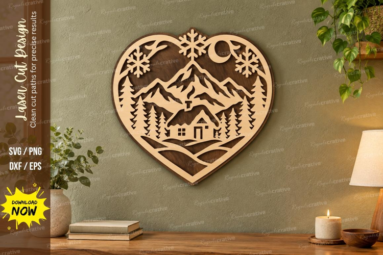 Heart Cabin Scene Laser Cut SVG File, heart cabin scene