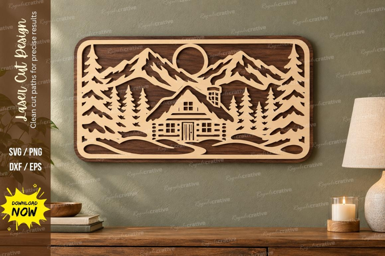 Cabin Landscape Laser Cut SVG File, cabin landscape svg