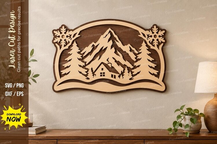Winter Cabin Laser Cut SVG File, winter cabin svg, mountain example image 1