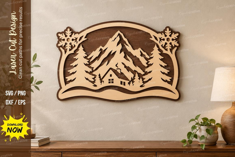 Winter Cabin Laser Cut SVG File, winter cabin svg, mountain