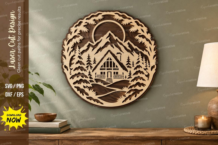 Round Cabin Forest Laser Cut SVG File, round cabin scene