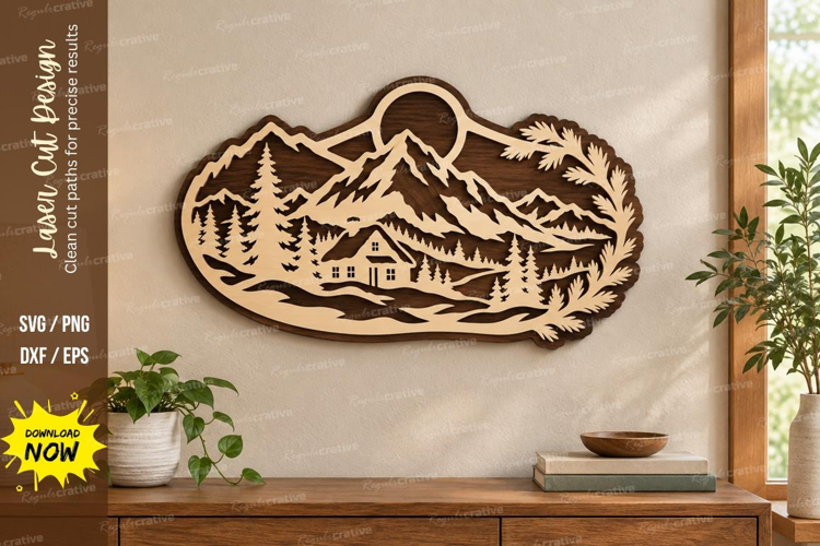 Mountain Cabin Scene Laser Cut SVG File, mountain cabin