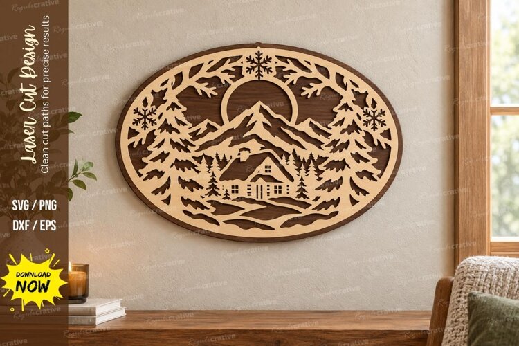 Mountain Cabin Oval Laser Cut SVG File, mountain cabin svg example image 1