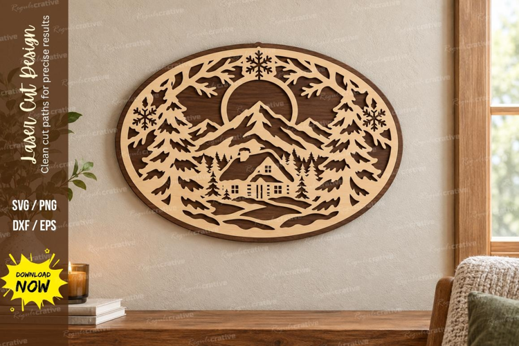 Mountain Cabin Oval Laser Cut SVG File, mountain cabin svg