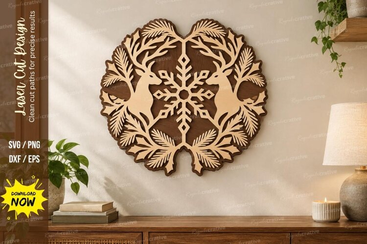 Deer Snowflake Wreath Laser Cut SVG File, deer snowflake svg example image 1
