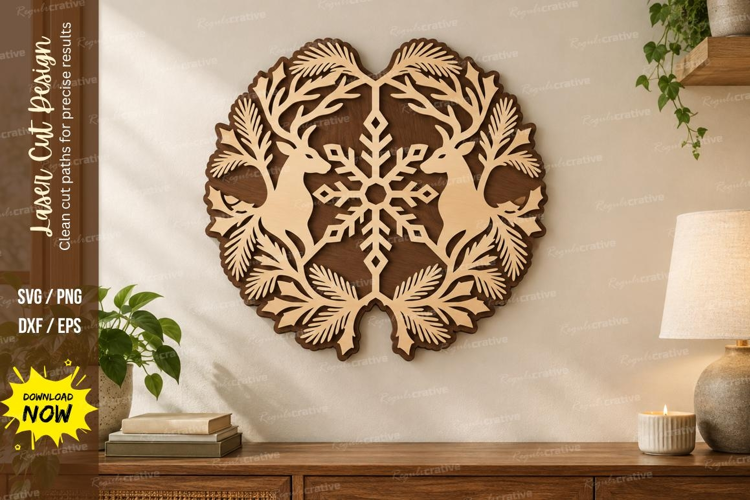 Deer Snowflake Wreath Laser Cut SVG File, deer snowflake svg