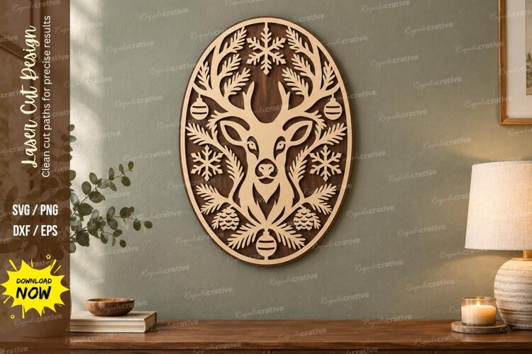 Deer Oval Wreath Laser Cut SVG File, deer oval wreath, deer example image 1