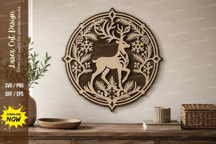 Round Deer Forest Laser Cut SVG File, round deer forest example image 1