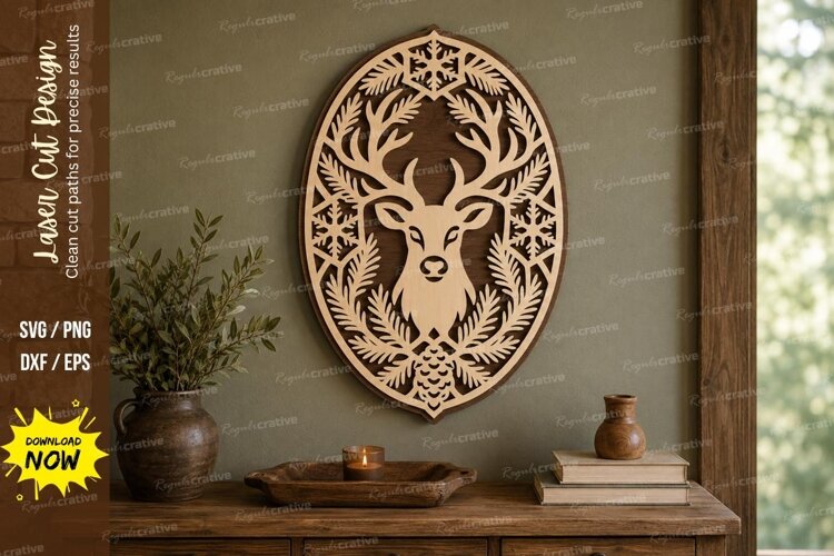 Deer Head Oval Laser Cut SVG File, deer head oval, deer head example image 1