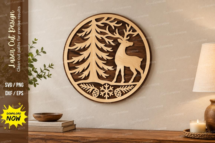Deer Pine Circle Laser Cut SVG File, deer pine circle, deer