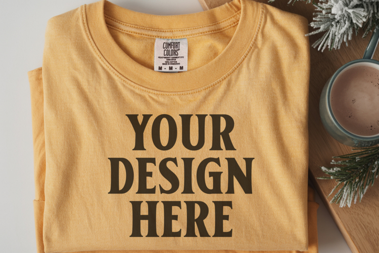Mustard Comfort Colors 1717 Christmas Folded T-Shirt Mockup