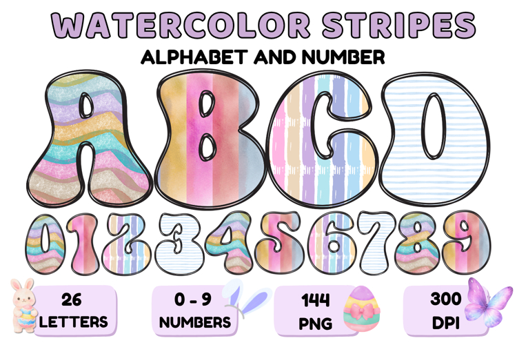 Watercolor Stripes Doodle Alphabet PNG Retro Letters 300 DPI